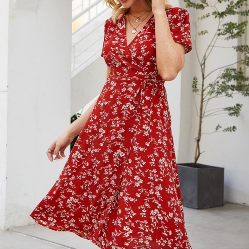 🔥CLEARANCE🔥Boho Red Floral Print Wrap Midi Dress Cottagecore S M L